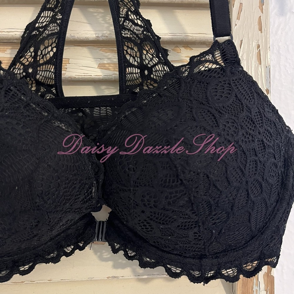 Victorias Secret PINK Date Push Up Bra Bralette Black Lace Racerback Bra 36 D - Picture 3 of 10